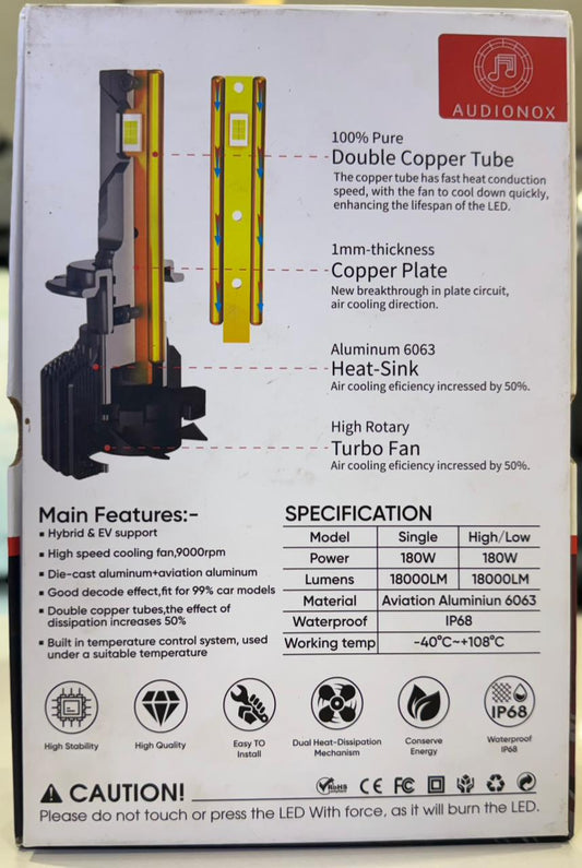 Product packaging with technical specifications and features of a cooling system.