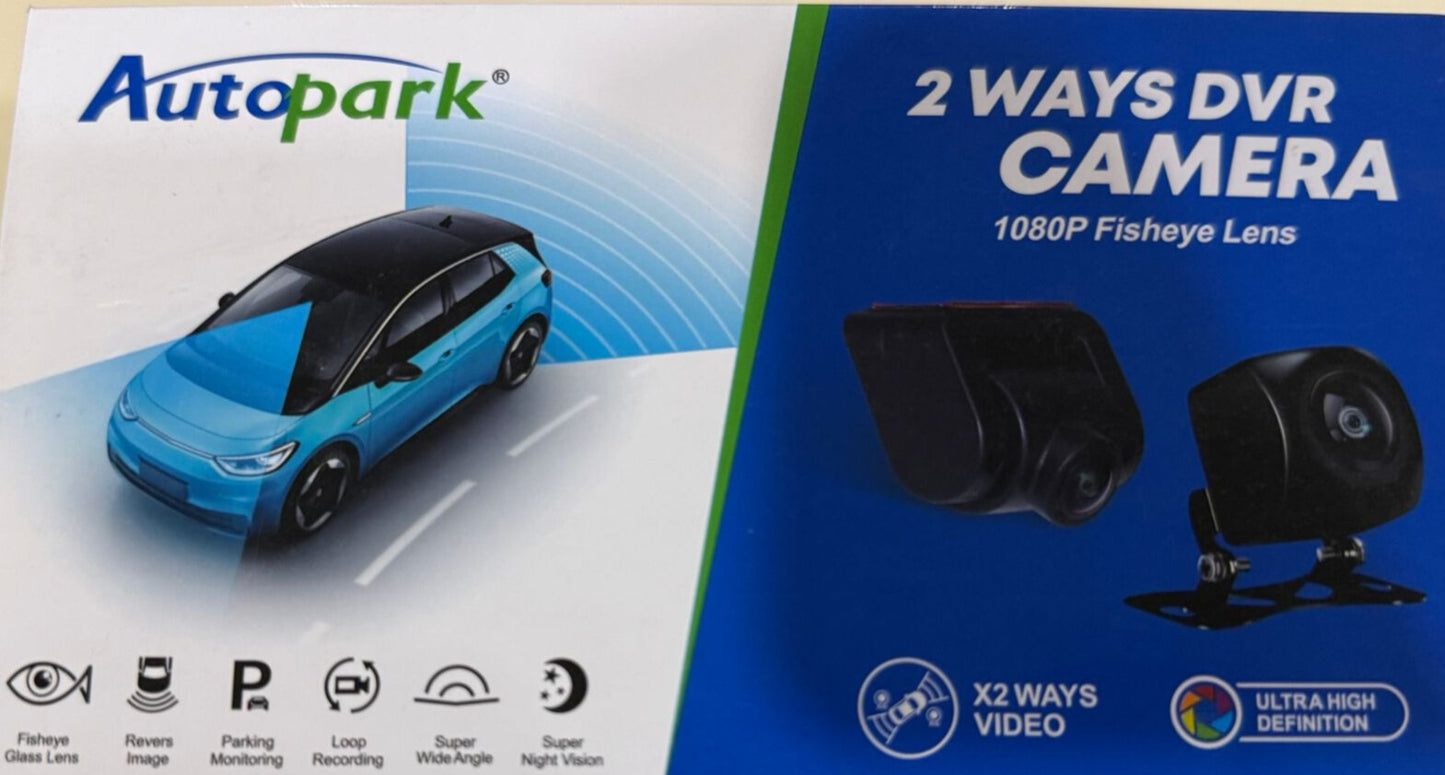 Autopark 2-way DVR camera packaging with a car illustration on a white and blue background.