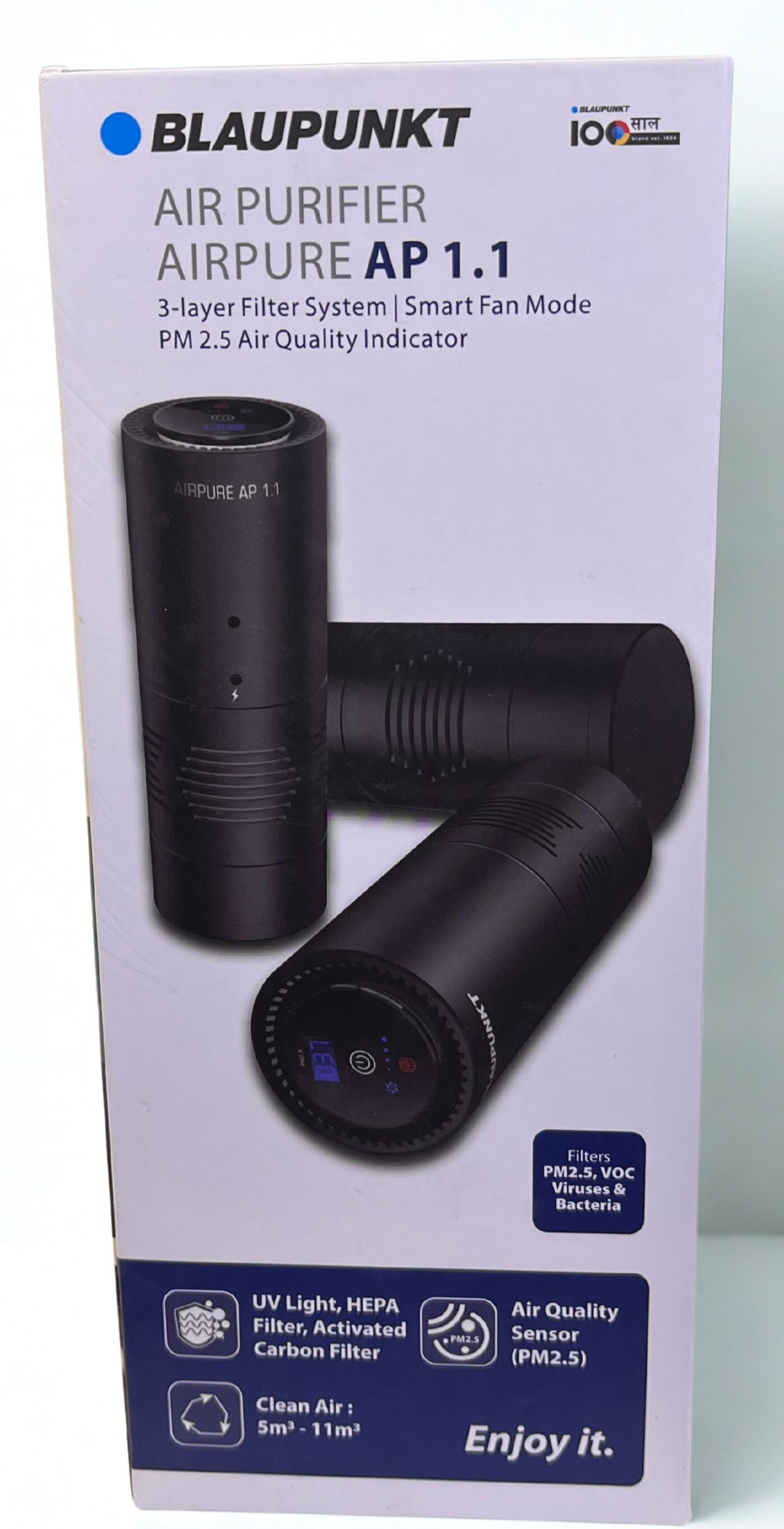 Blaupunkt air purifier packaging with black device illustration on a white background