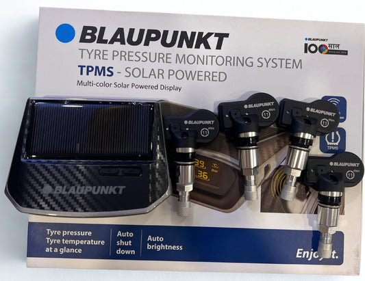 Blaupunkt tyre pressure monitoring system packaging with solar panel and sensors.