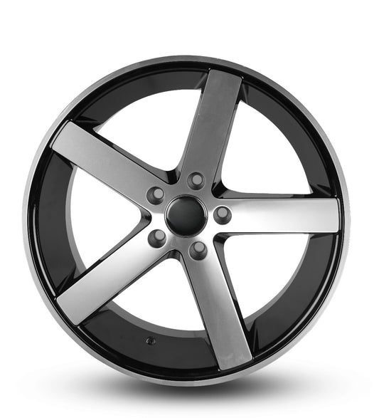 Black alloy wheel with chrome accents on a white background