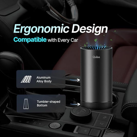 Car air freshener with ergonomic design and tumbler-shaped bottom, placed in a car cup holder.