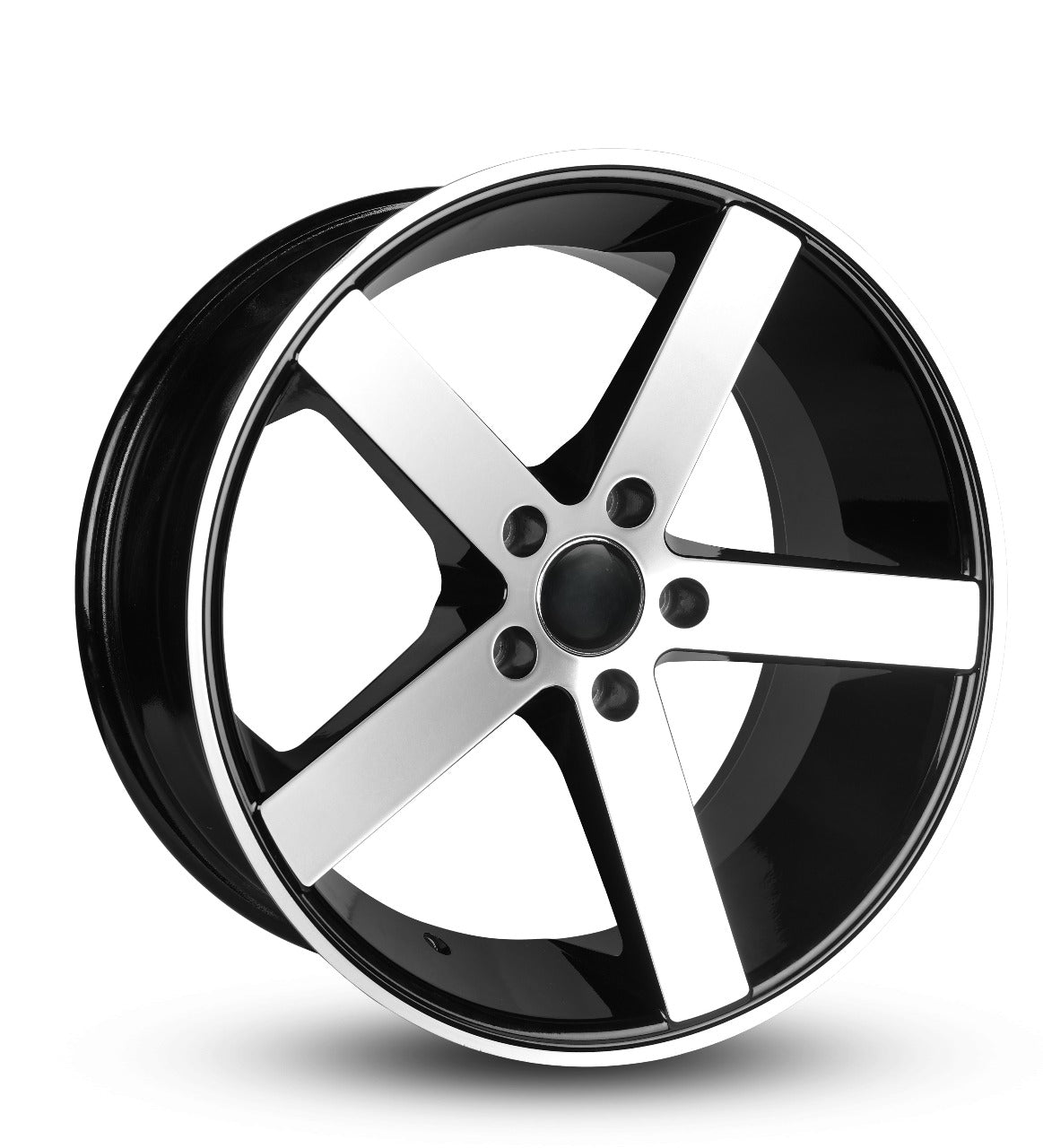 Black alloy wheel with reflective finish on a white background