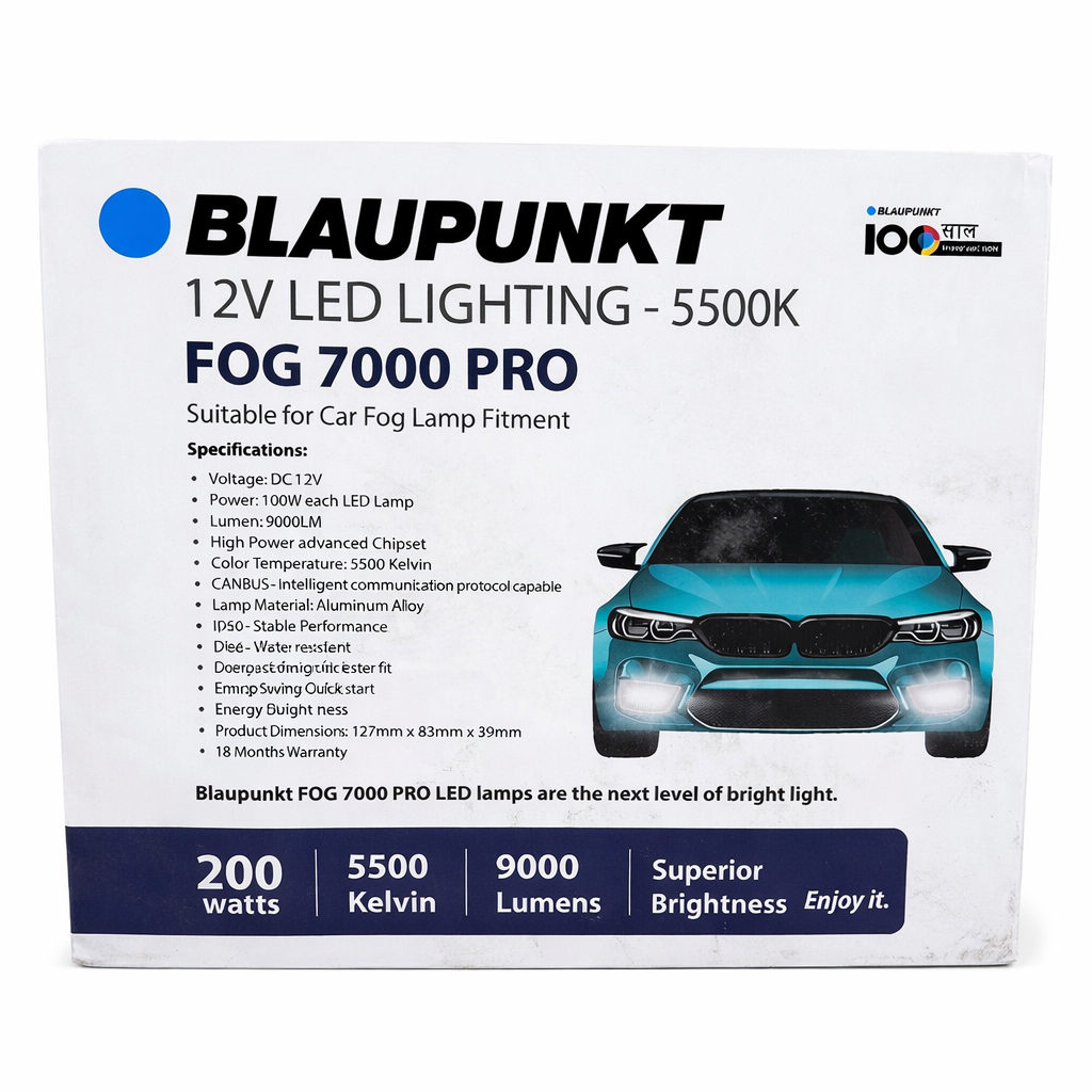 Blaupunkt LED fog light packaging with specifications and car image on a white background