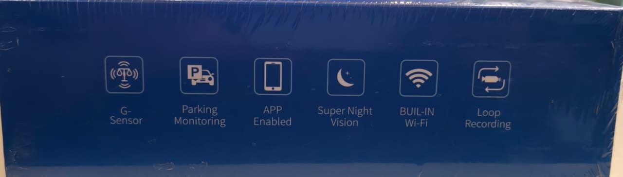 Product packaging with icons and text on a blue background