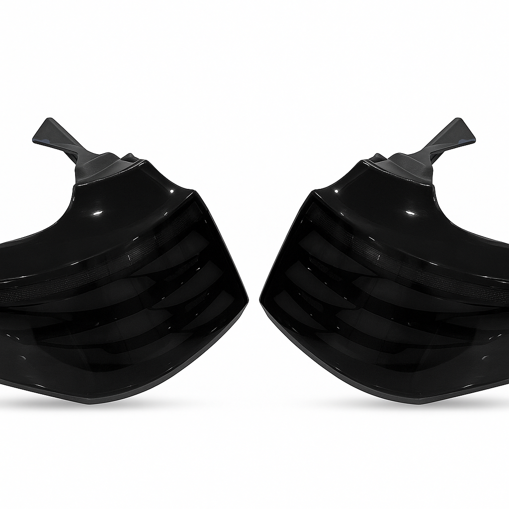 Pair of black motorcycle mud guards on a white background