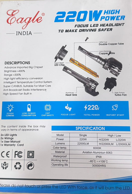 Eagle India LED headlight packaging with specifications and features.