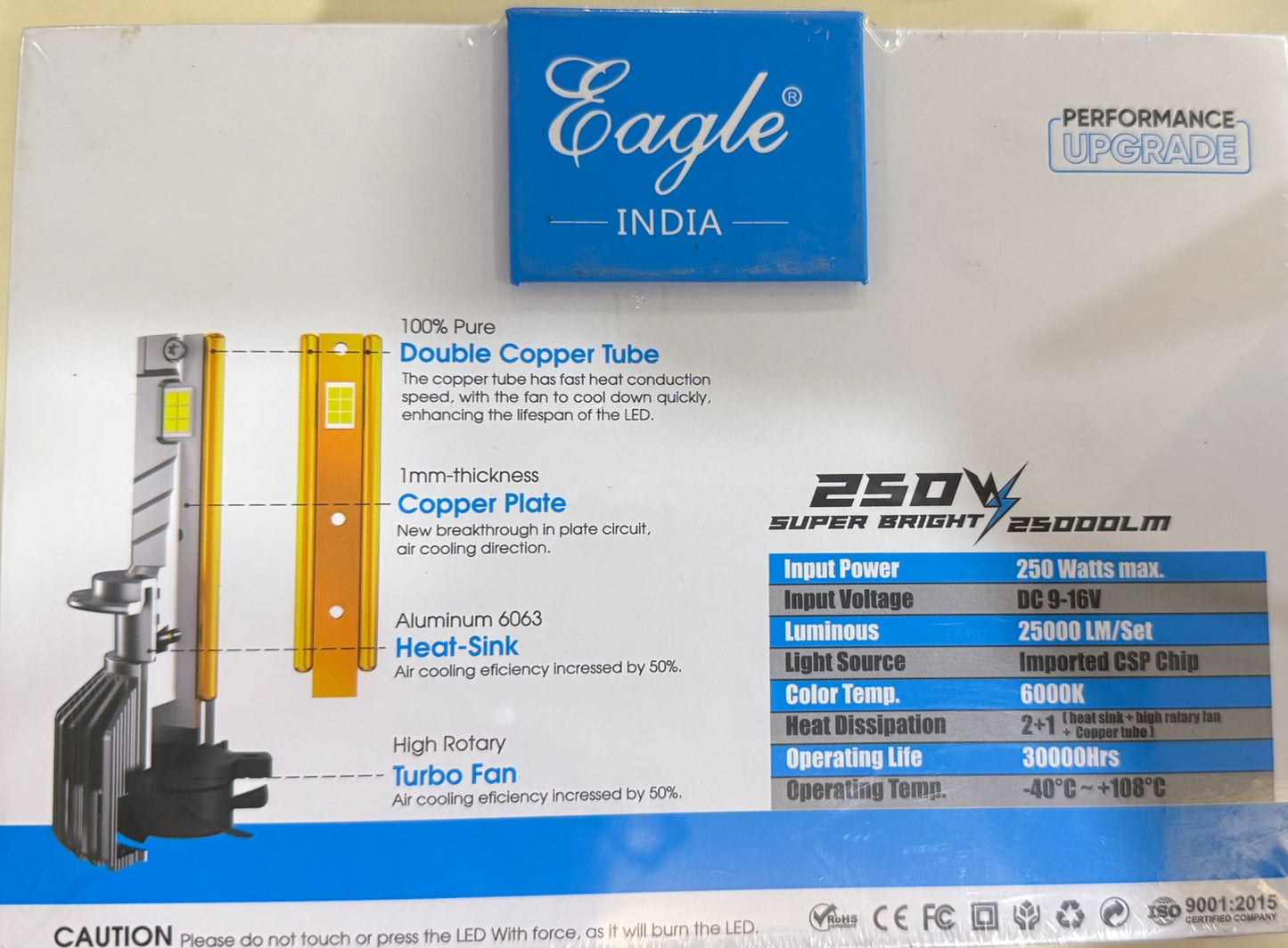 Eagle India LED light packaging with specifications and features.