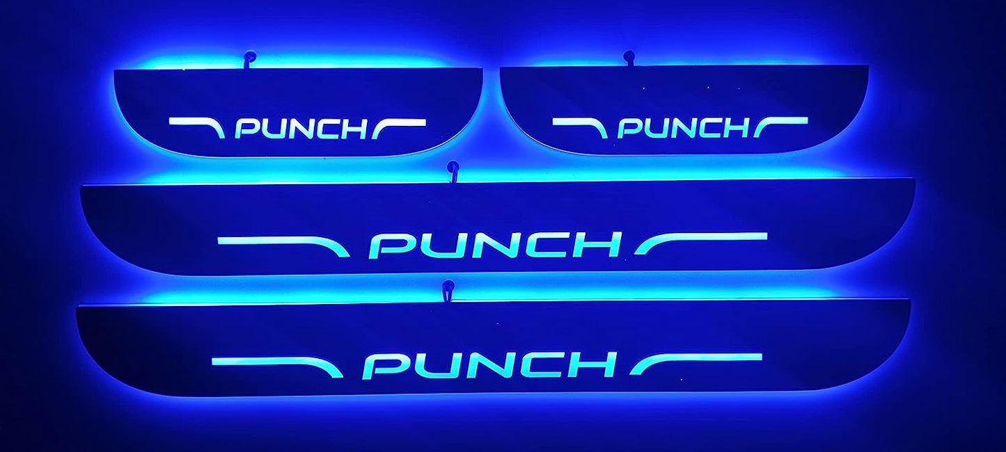 Set of blue LED door sills with 'PUNCH' branding on a dark background
