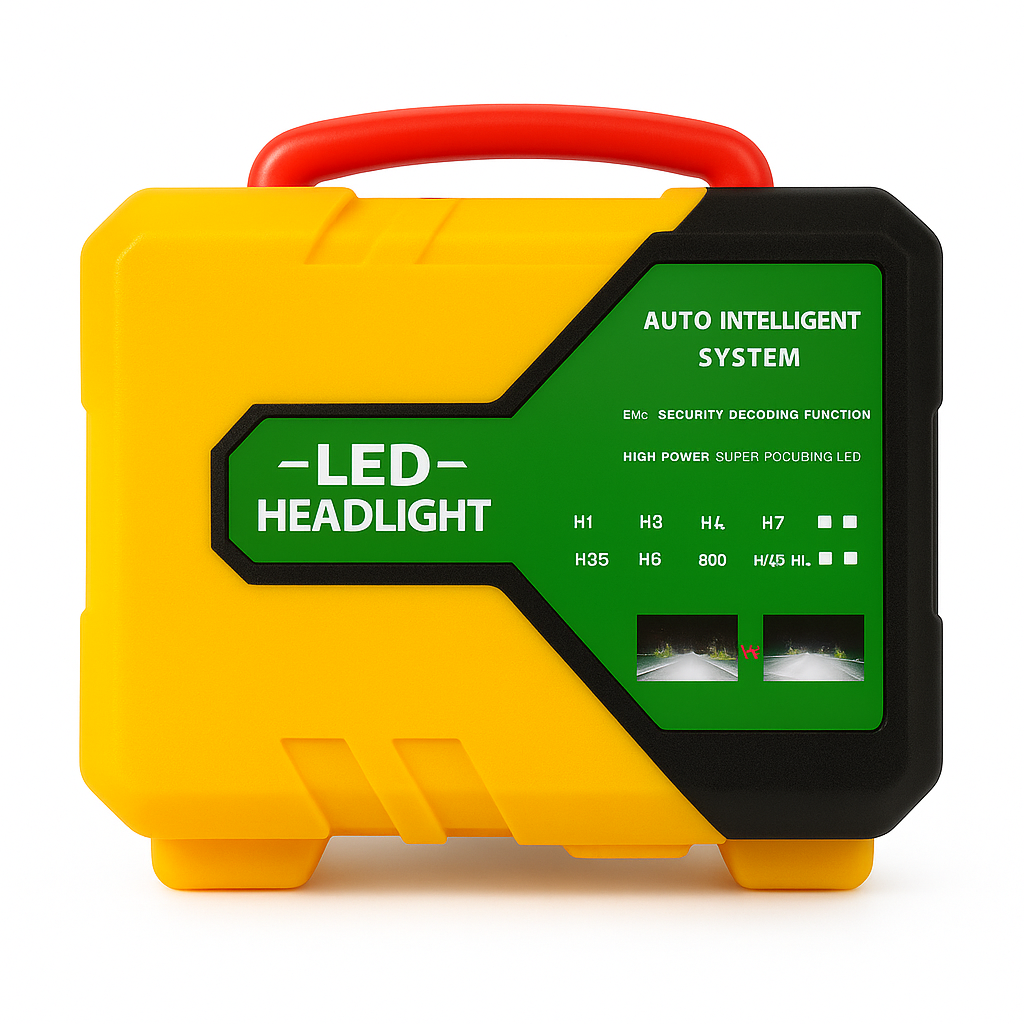 Yellow and black LED headlight case with green label on a white background