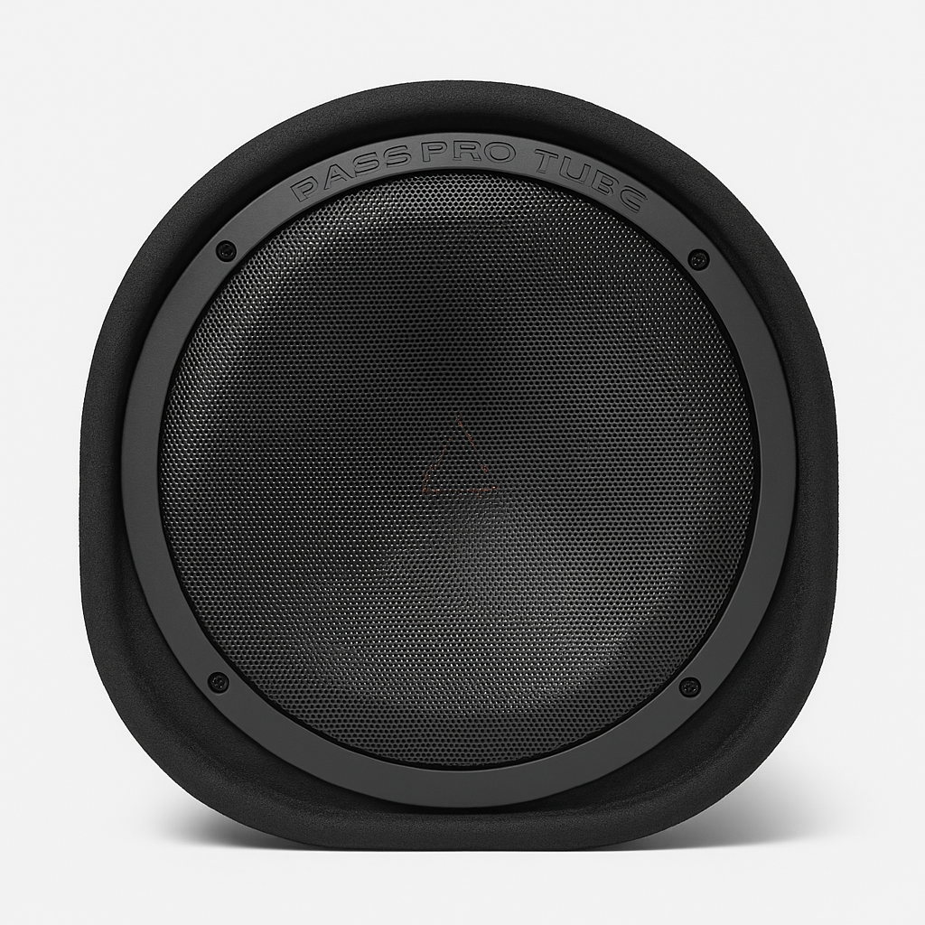 Black subwoofer with 'PASSPRO' branding on a white background