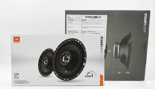JBL Stage1 6.5F car speaker packaging with front and side views on a white background