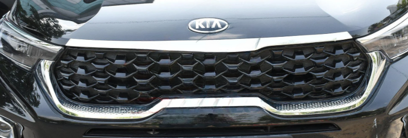 Close-up of a Kia car grille with a clear background
