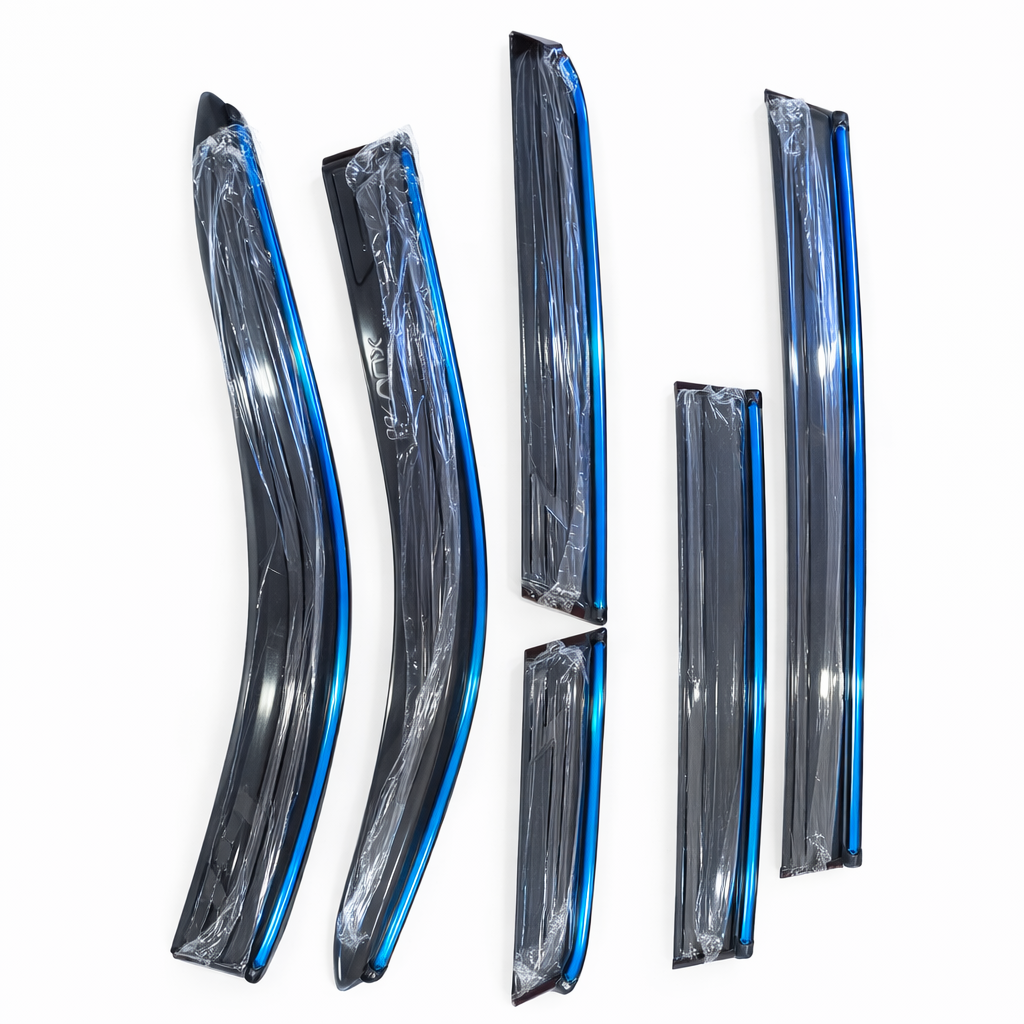 Set of car rain guards with blue interior on a white background