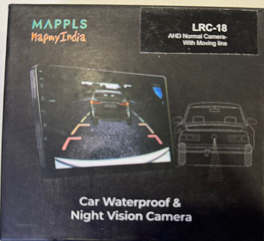 Box of a car waterproof and night vision camera with branding and product details.