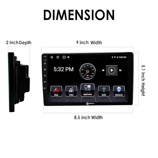 Car stereo screen with dimensions labeled on a white background