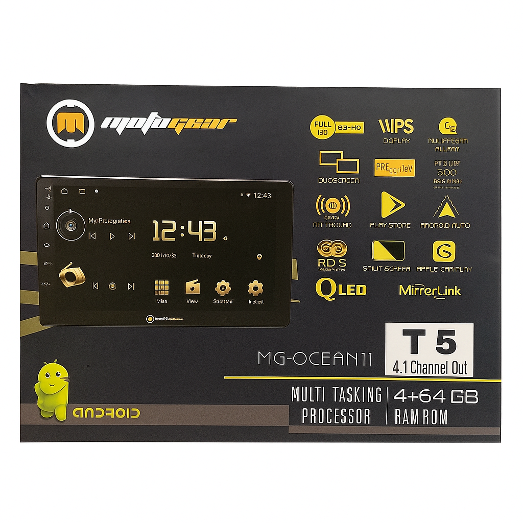 MotoGear MG-OCEAN11 product packaging with display and features on a black background