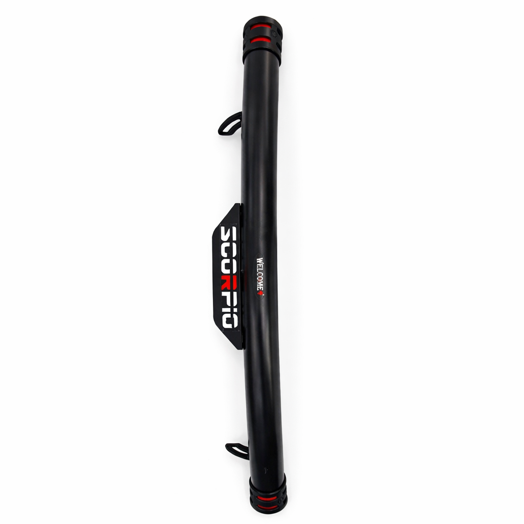 Black metal rod with 'Scorpio' branding on a white background
