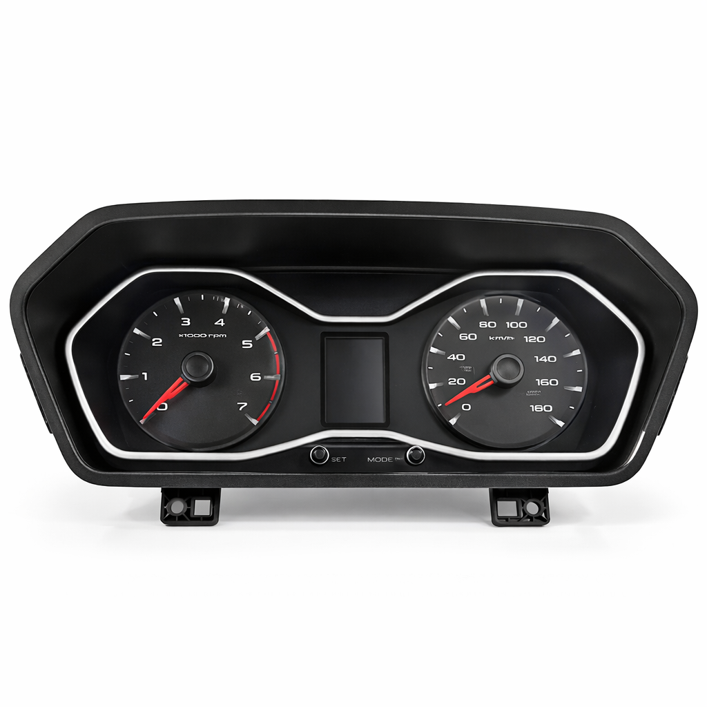 Car dashboard gauge cluster with two dials on a white background