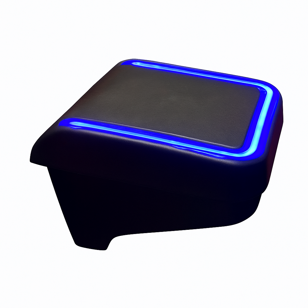 Black footstool with blue LED lighting on a white background