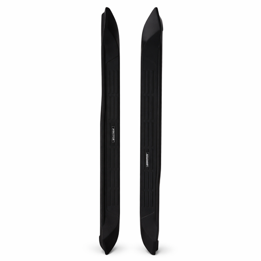 Two black car side skirts on a white background