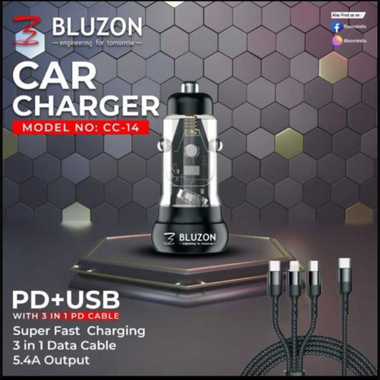 BLUZON Quick Car Charger 5.4A Super-fast with 3 in 1