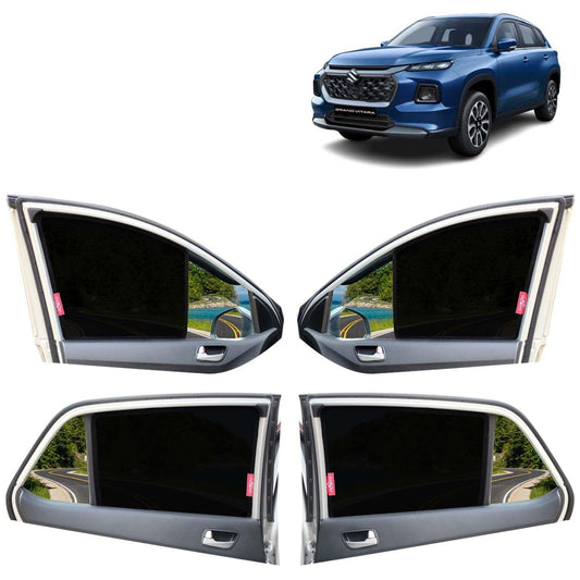 Grand Vitara Car Sun Shade Z-Black Non Magnetic Fix Type Curtains for 2022 Onwards Model, Compatible with Maruti Suzuki Grand Vitara Side Window, Only Half Cut in Front Window, 4 Pcs