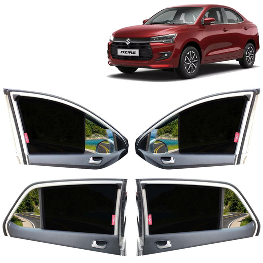 Dzire Car Sun Shade Z-Black Non Magnetic Fix Type Curtains for 2024 Onwards Model, Compatible with Maruti Suzuki Dzire Side Window Car Sunshade, Only Half Cut in Front Window, Black, 4 Piece
