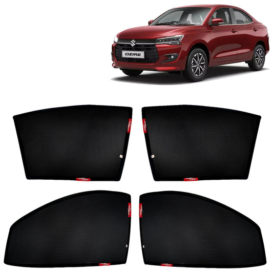 Dzire Car Sun Shade Z-Black Non Magnetic Fix Type Curtains for 2024 Onwards Model, Compatible with Maruti Suzuki Dzire Side Window Car Sunshade, Only Half Cut in Front Window, Black, 4 Piece