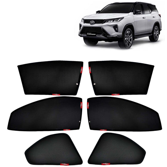 Fortuner Car Sun Shade Z-Black Non Magnetic Fix Type Curtains, Compatible with Toyota Fortuner Side Window Car Sunshade, Only Half Cut in Front Window, Black, 6 Piece
