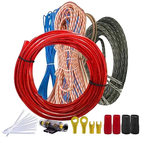 Set of red, blue, and black cables with connectors on a white background