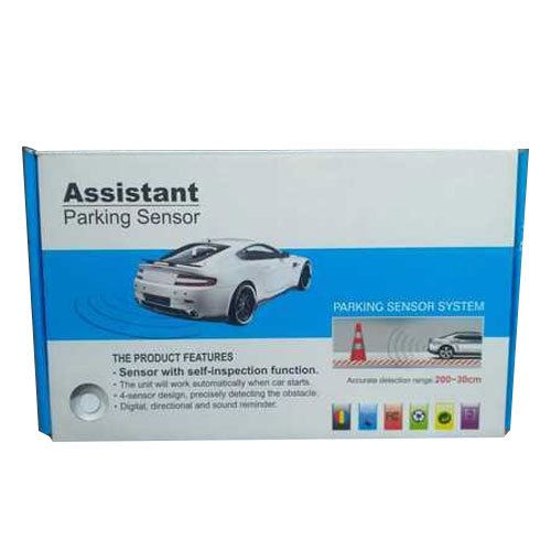 Box of Assistant Parking Sensor with car illustration and text on a white background