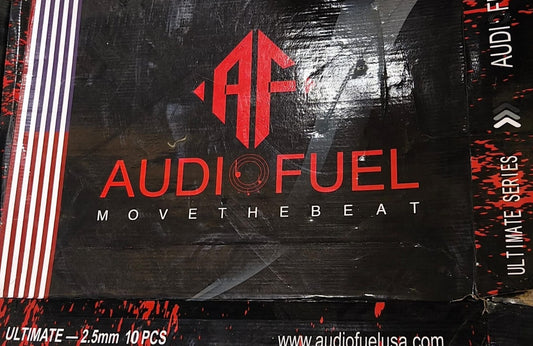 Audio Fuel product packaging with red and white design on a black background