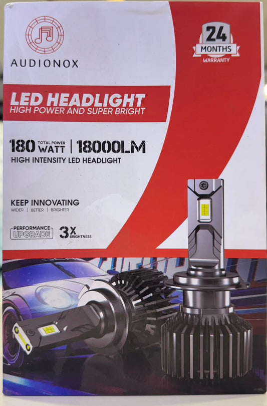 Audionox LED headlight packaging with specifications and warranty information.