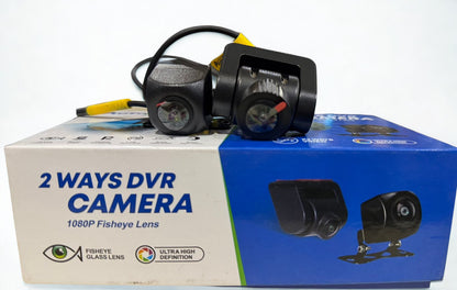 Two-way DVR camera system with cameras and wiring on a branded box.