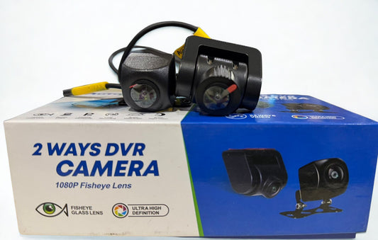 Two-way DVR camera system with cameras and wiring on a branded box.