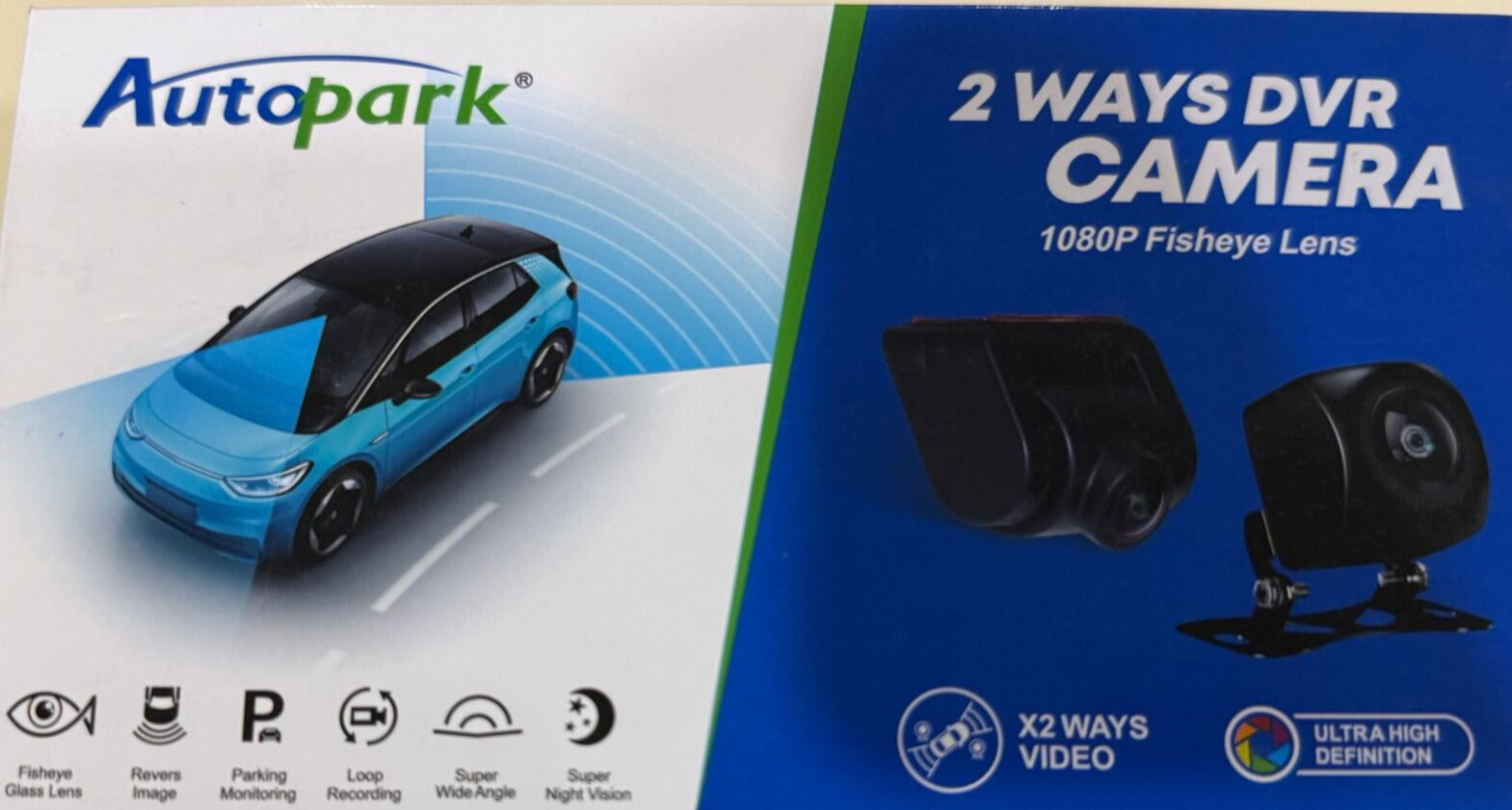 Autopark 2-way DVR camera packaging with a car illustration on a white and blue background.