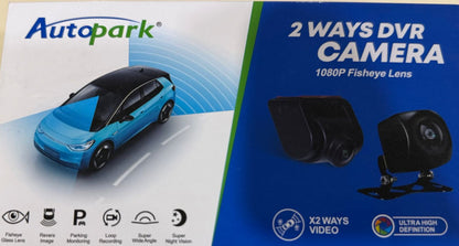 Autopark 2-way DVR camera packaging with a car illustration on a white and blue background.