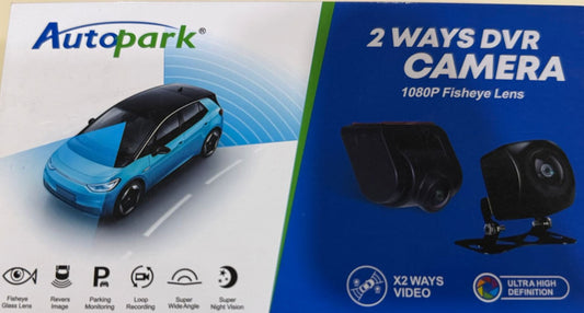 Autopark 2-way DVR camera packaging with a car illustration on a white and blue background.