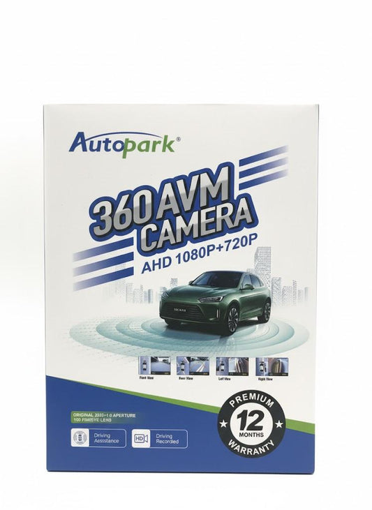 Autopark 360 AVM Camera packaging with car image and warranty details on a white background