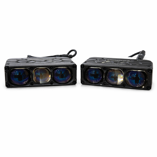 Two black lightbars with multiple lenses on a white background