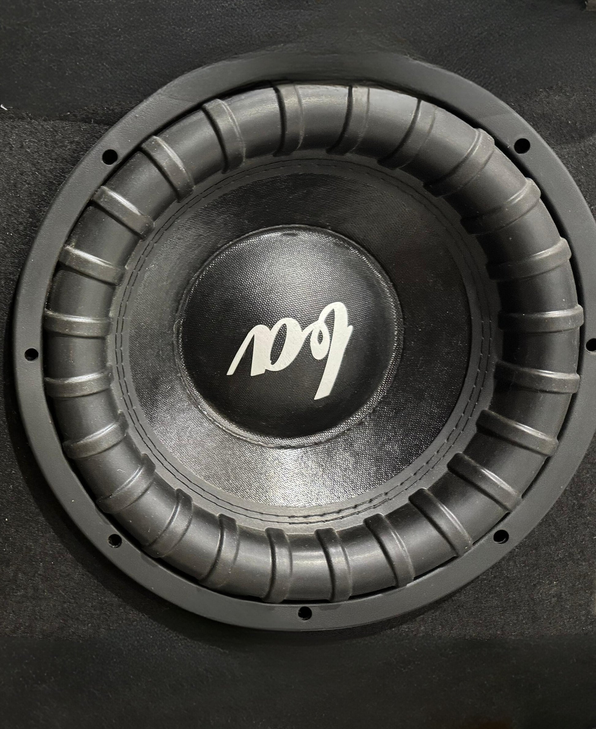 Car subwoofer with a brand logo on a black background