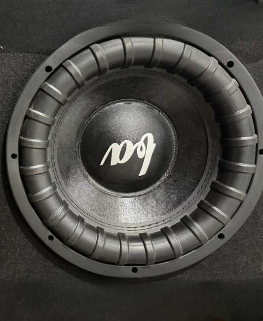 Car subwoofer with a brand logo on a black background