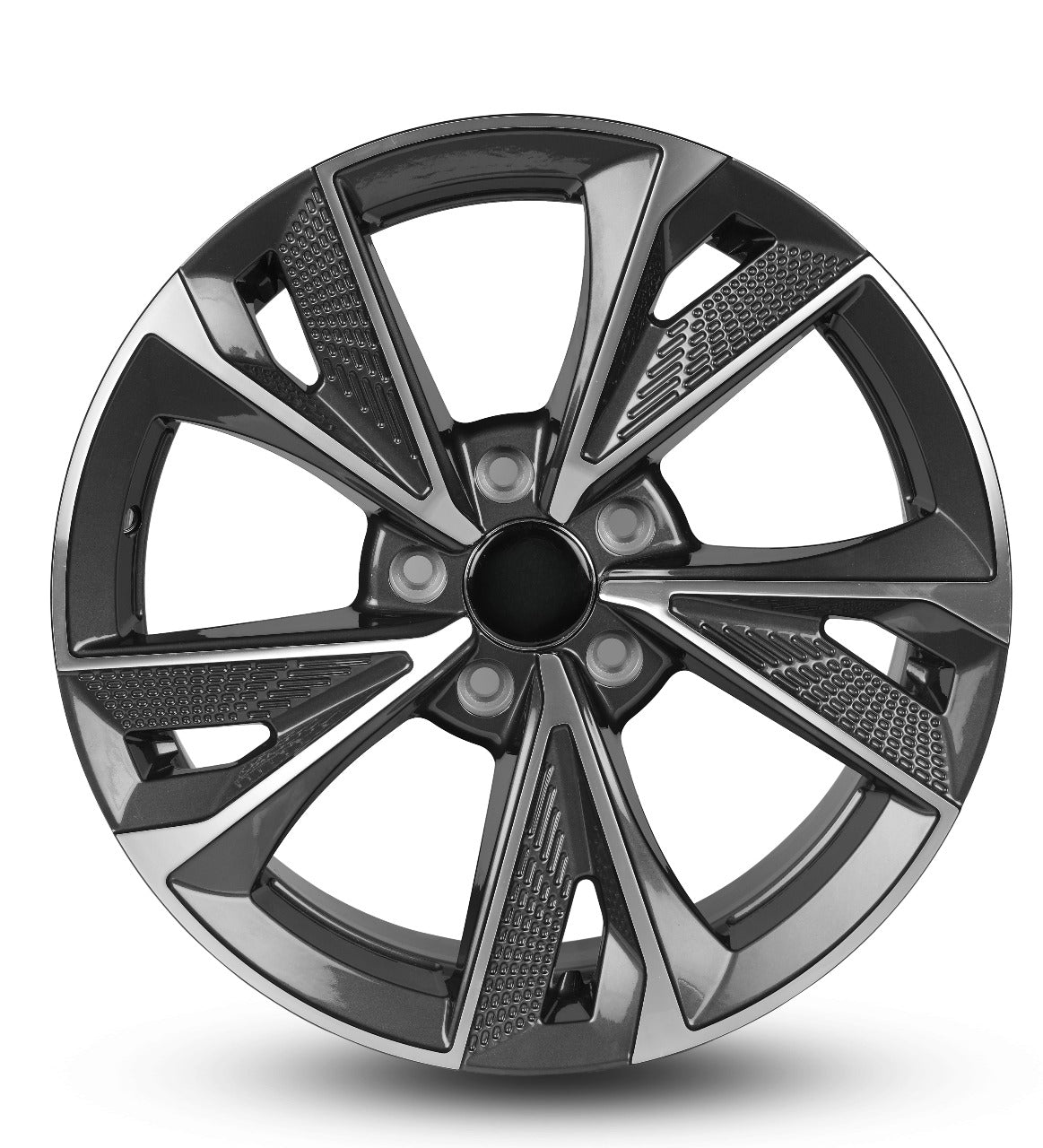 Car wheel rim with a metallic finish on a white background