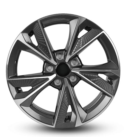 Car wheel rim with a metallic finish on a white background