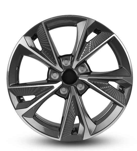 Car wheel rim with a metallic finish on a white background
