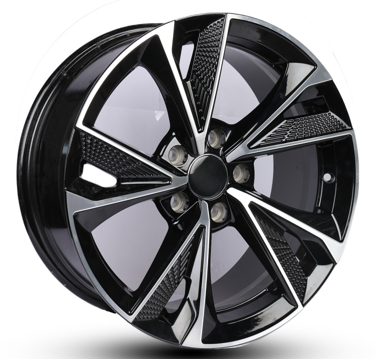 Black alloy wheel with reflective surface on a white background