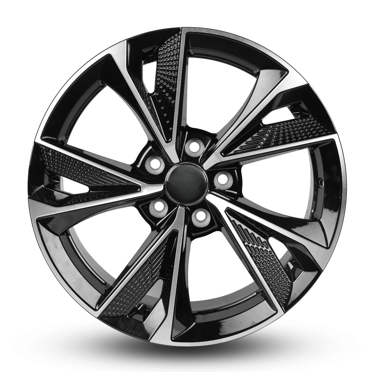 Black alloy wheel with a shiny finish on a white background