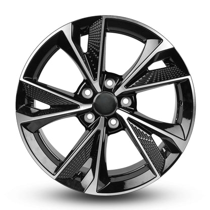Black alloy wheel with a shiny finish on a white background