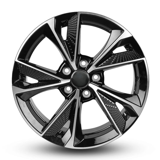 Black alloy wheel with a shiny finish on a white background